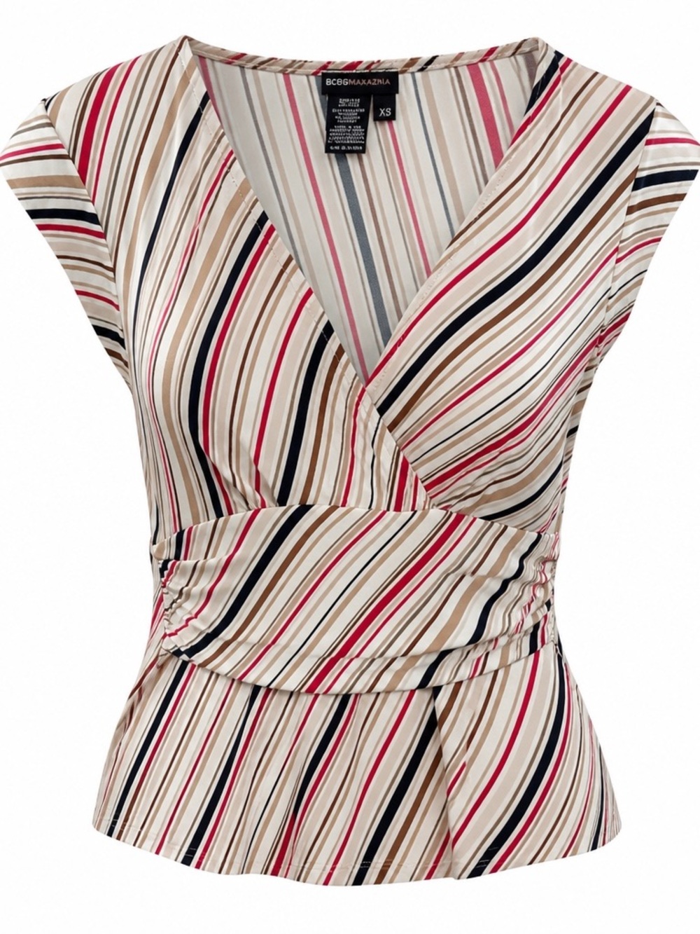 BCBGMaxAzria Striped Surplice Waist Blouse in Cream, Pink & Navy